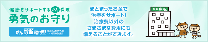 健康をサポートするがん保険 勇気のお守り がん診断給付型 がんによる入院と手術の費用はもちろん長期にわたる通院・往診も一生涯保障します。